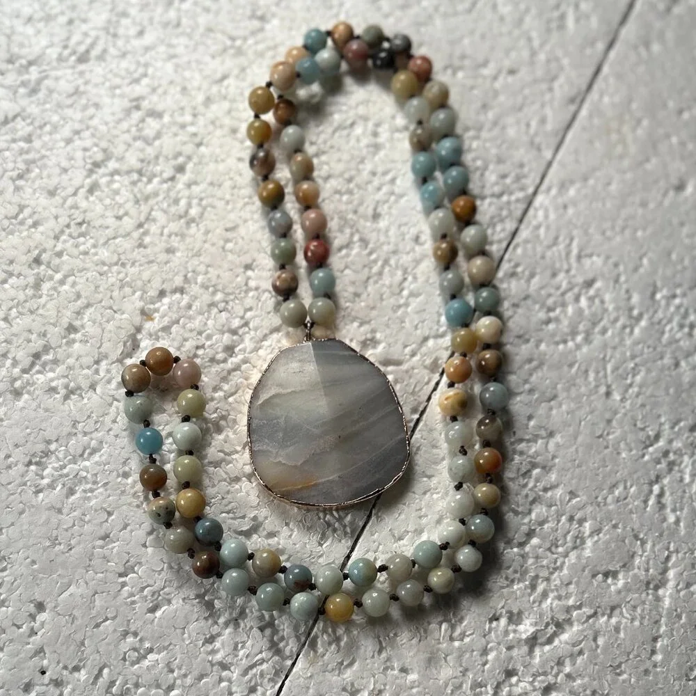 Stone Agate Multi Color Beaded Blue Gray Medallion Necklace Artsy Boho Festival